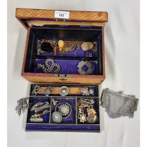 193 - An old Jewel Box containing antique silver Brooches, chain link Purse A/F, Badges etc