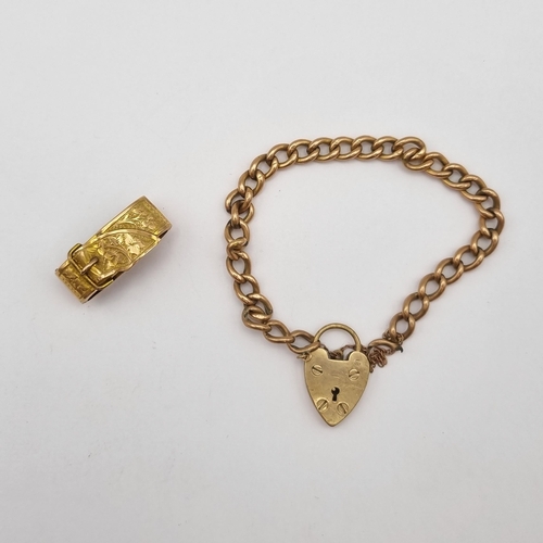 194 - A 9ct gold curb link Bracelet on padlock fastener and a 9ct gold Scarf Clip, approx 15.50gms