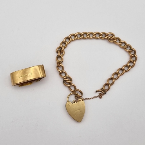 194 - A 9ct gold curb link Bracelet on padlock fastener and a 9ct gold Scarf Clip, approx 15.50gms