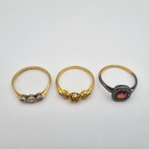 207 - An 18ct gold Ring set trios of old-cut diamonds, centre stone missing approx 2.40gms and a three sto... 