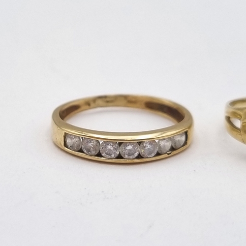 208 - A 9ct gold two coloured Wedding Band, a 9ct gold Keeper Ring and a 9ct gold Ring channel-set paste, ... 