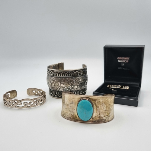 215 - A Mexican silver Bangle set oval turquoise, an Indian white metal Cuff, A Charles Rennie Mackintosh ... 