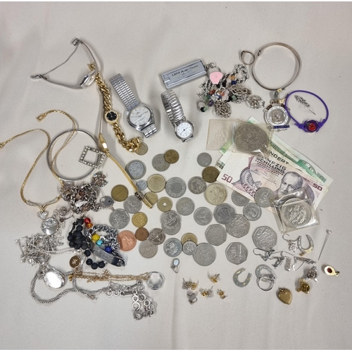 216 - A collection of silver Chains, Bangles, charm Bracelet and Costume Jewellery, silver RAOB Medal, sma... 