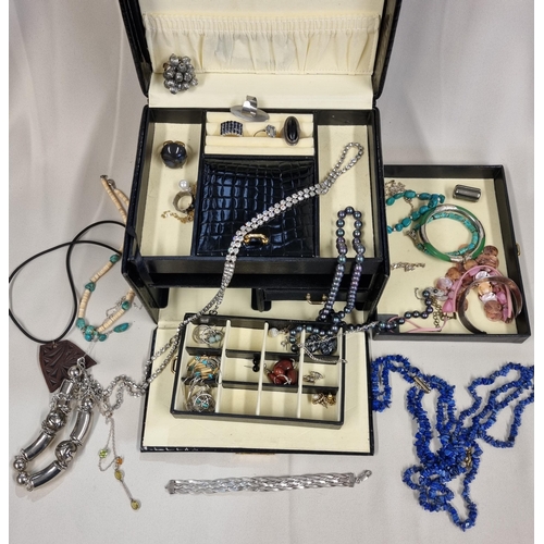 225 - A black lizard effect Jewel Box containing; turquoise beads, lapis lazuli beads and various Costume ... 