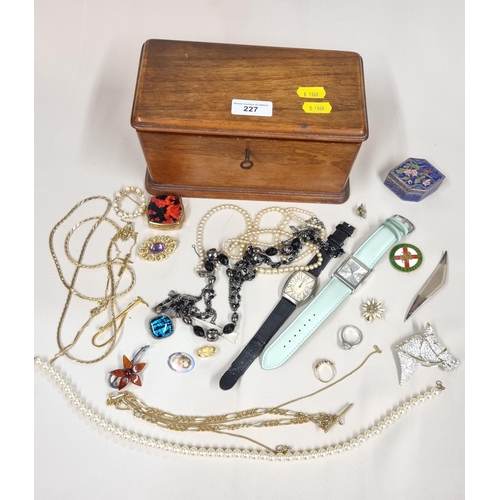 227 - A wooden Box containing two Wristwatches and various Costume Jewellery