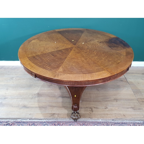 23 - A reproduction sectional mahogany veneered Centre Table raised on tripod concave base with three paw... 