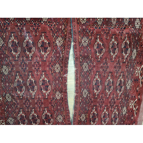 242 - Three small antique woollen red ground Rugs 2x 4ft 8in L x 2ft 6in W and the other 4ft 10in L x 2ft ... 