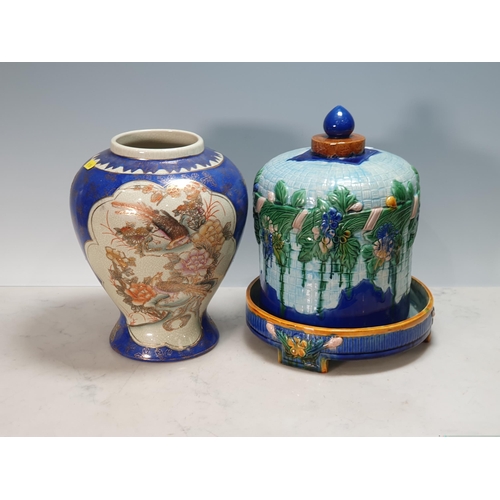 261 - A Majolica style Cheese Dome and Stand with moulded floral designs, 12in H and a 20th Century Chines... 