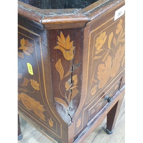 263 - An antique floral marquetry Jardiniere of square section, fitted small drawer and raised on squared ... 