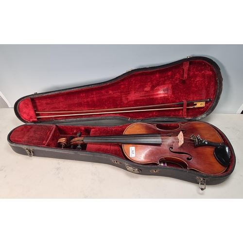 270 - A German full size Violin and bow with two-piece back in case (R4)