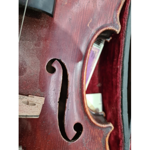 270 - A German full size Violin and bow with two-piece back in case (R4)