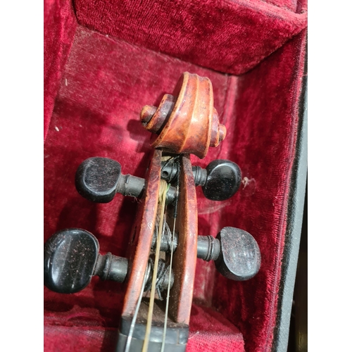 270 - A German full size Violin and bow with two-piece back in case (R4)