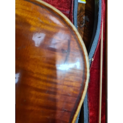 270 - A German full size Violin and bow with two-piece back in case (R4)