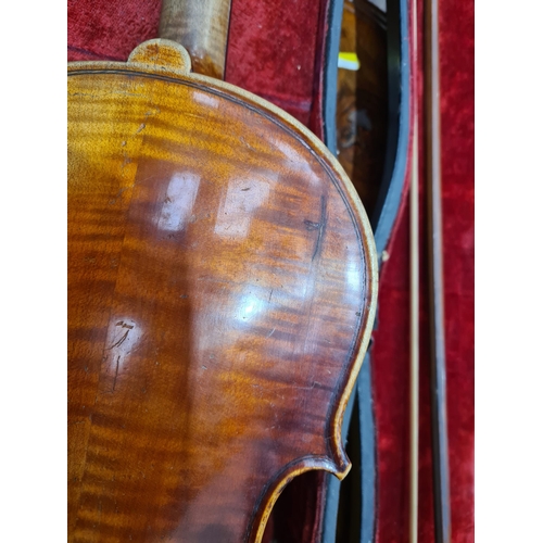 270 - A German full size Violin and bow with two-piece back in case (R4)