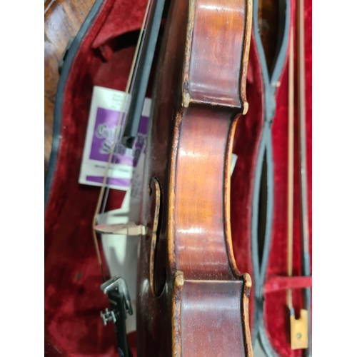 270 - A German full size Violin and bow with two-piece back in case (R4)