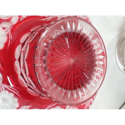 305 - A quantity of glassware including a red flashed glass Bowl, an octagonal etched red glass Light Shad... 