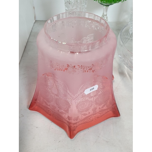 305 - A quantity of glassware including a red flashed glass Bowl, an octagonal etched red glass Light Shad... 