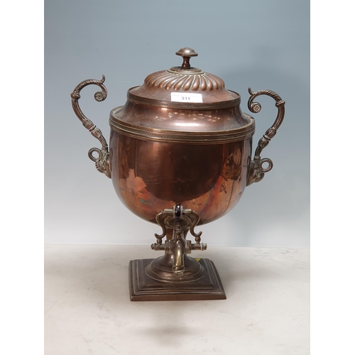 311 - A copper two-handled Samovar with scroll handles, brass tap on pedestal base, 16in H, (R4)