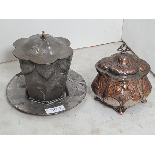 317 - An Orivit Art Nouveau Cover and Stand, 6 1/2 in H and a plated on copper Box and Cover 6 1/2in H (al... 