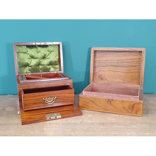 32 - A walnut and inlaid Jewellery Box A/F 9in x 6 1/2in and a tropical hardwood Cigar Box 9 1/2in W x 4i... 