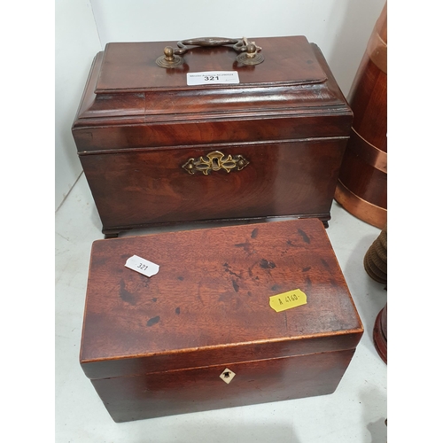 321 - A Georgian mahogany Tea Caddy containing metal containers, one missing, 10in, a copper and wood tape... 