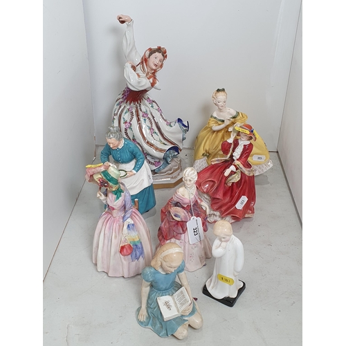 323 - A collection of Figures including Royal Doulton - 'Fleurette', A/F, 'Darling', 'Alice', 'Miss Demure... 