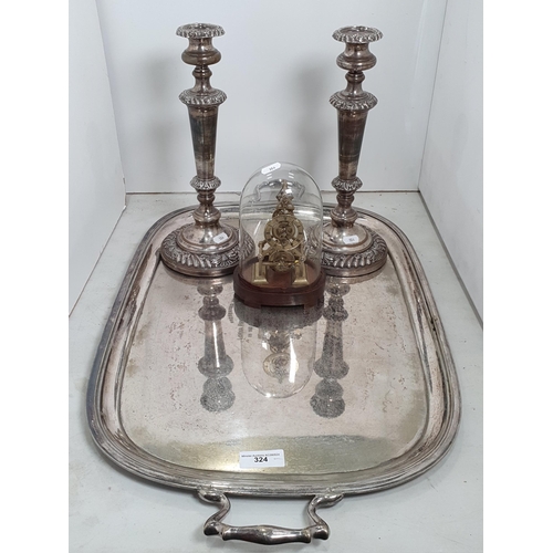 324 - A large two-handled silver plated Tray bearing inscription, 28in, a pair of plated on copper Candles... 