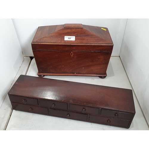 327 - A large mahogany sarcophagus Tea Caddy, 14in, and a Table Chest of multiple drawers, 17 1/2in W, (R5... 