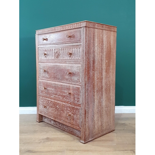 33 - A limed oak Chest of five long drawers with nulled and carved rose design 3ft 8in H x 3ft 8in W (R6)