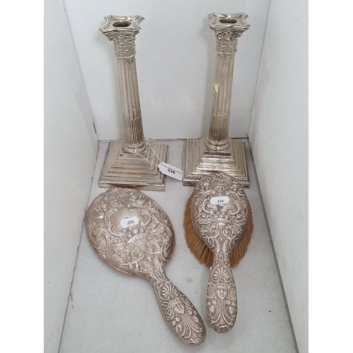 336 - A pair of plated Candlesticks with stop-fluted columns and step bases, 10in H, a silver backed Dress... 