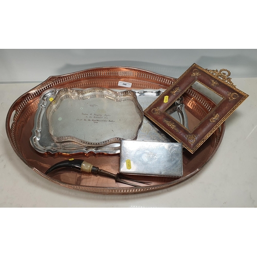 346 - An oval copper plated gallery Tea Tray, oblong shaped Tray and another with presentation inscription... 