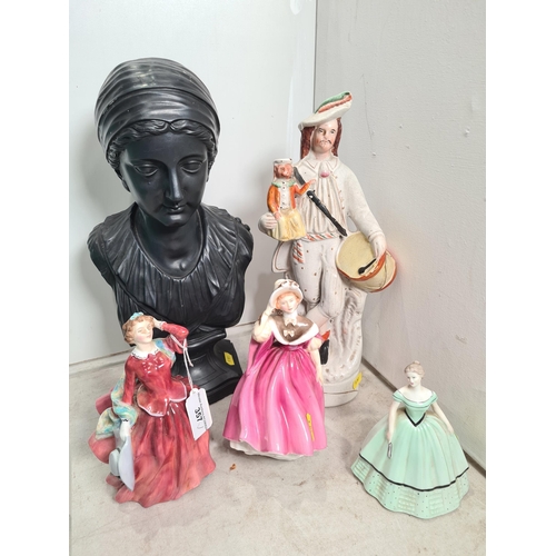 357 - Two Royal Doulton Figurines, a Coalport Figurine, a Staffordshire Figure of a drummer and monkey and... 