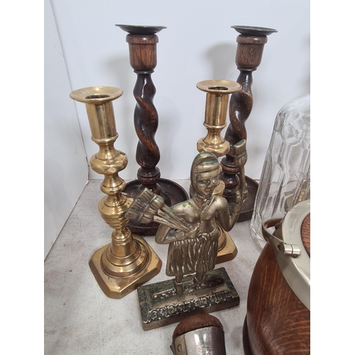 358 - A quantity of brass and treen Candlesticks, an oak Biscuit Barrel, Pin Cushion, Football Trophy Shie... 