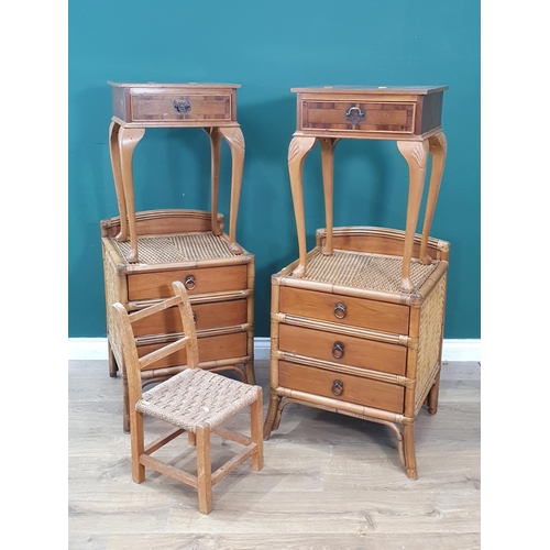 484 - A pair of yew veneered Bedside Tables and a pair of bamboo and wicker Bedside Chests