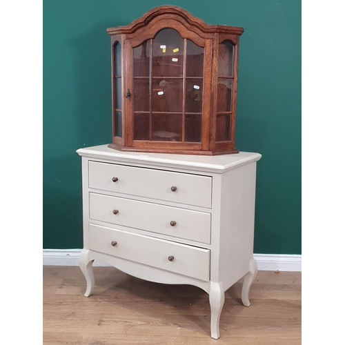 487 - A green painted Chest of three drawers 2ft 8in W x 2ft 7in H and an oak glazed Wall Cabinet 2ft 3in ... 