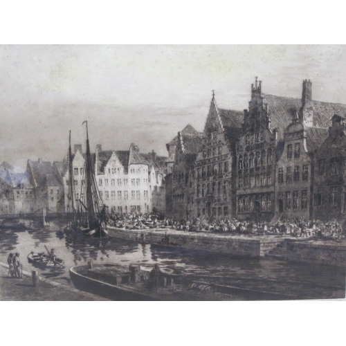 53 - AXEL HERMANN HAIG. Continental quay scene with figures, etching, pencil signed, Pl. 24 x 32 in; an u... 