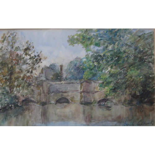 54 - HAROLD MOSS. A Tranquil river landscape, signed, watercolour, 6 x 10 in; a watercolour by Emily Ladb... 