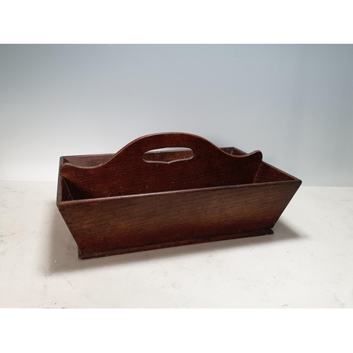 57 - An antique oak two division Cutlery Tray with pierced carrying handle, 15in (R2)