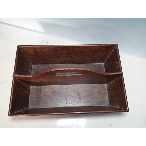 57 - An antique oak two division Cutlery Tray with pierced carrying handle, 15in (R2)