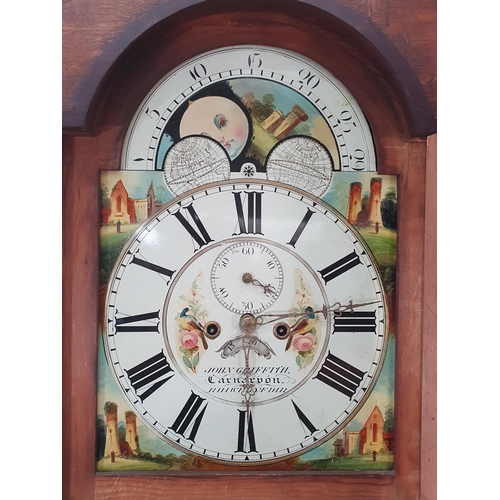 597 - A 19th Century oak and mahogany Longcase Clock, the painted arched dial with simulated moon phase, a... 