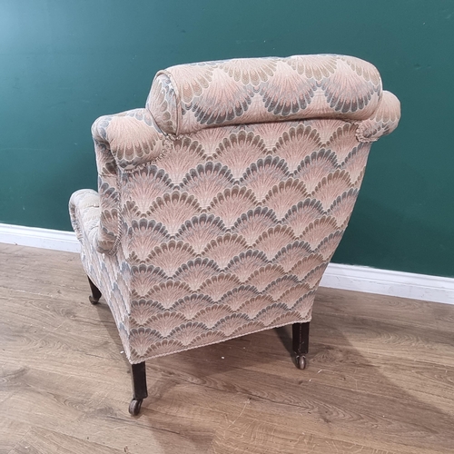 601 - A pink/beige upholstered Armchair with fan style design upholstery, raised on square tapered front s... 