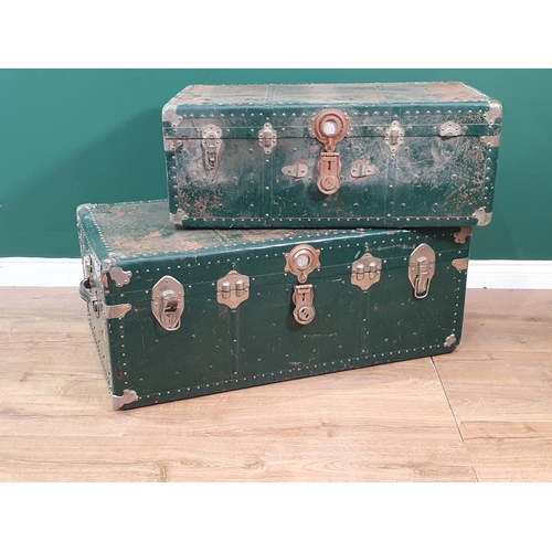 606 - Two vintage green painted Luggage Cases. (R9).