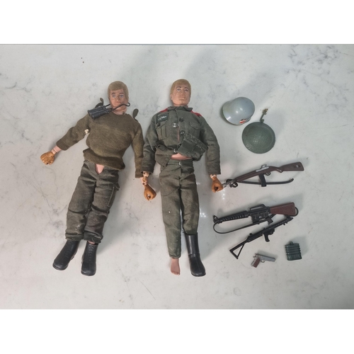 707 - Two original Action Men with helmets and weapons, A/F (R4)