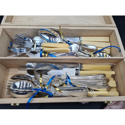 74 - A box of Plated Cutlery, mostly old english pattern including knives, forks & spoons