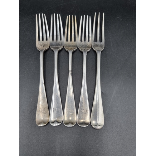 83 - Four Victorian silver Dessert Forks old english pattern engraved initials, London 1877, and a  three... 