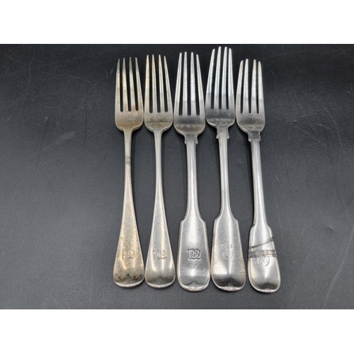 84 - Five various silver Dinner Forks, various dates and patterns, 360gms