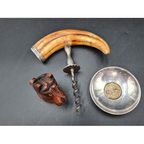 95 - A horn handled Corkscrew, carved wooden horse's head Pipe Bowl and circular Dish, marked 925