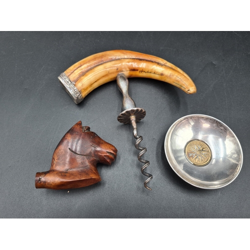 95 - A horn handled Corkscrew, carved wooden horse's head Pipe Bowl and circular Dish, marked 925