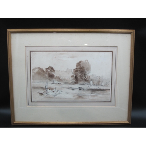 411 - ATTRIBUTED TO WILLIAM EVANS OF ETON (1798- 1877) On the Thames at Windsor, sepia wash over pencil ou... 