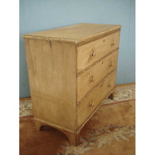 81 - A 19th Century pine Chest of three long drawers with simulated bamboo moulding raised on bracket fee... 